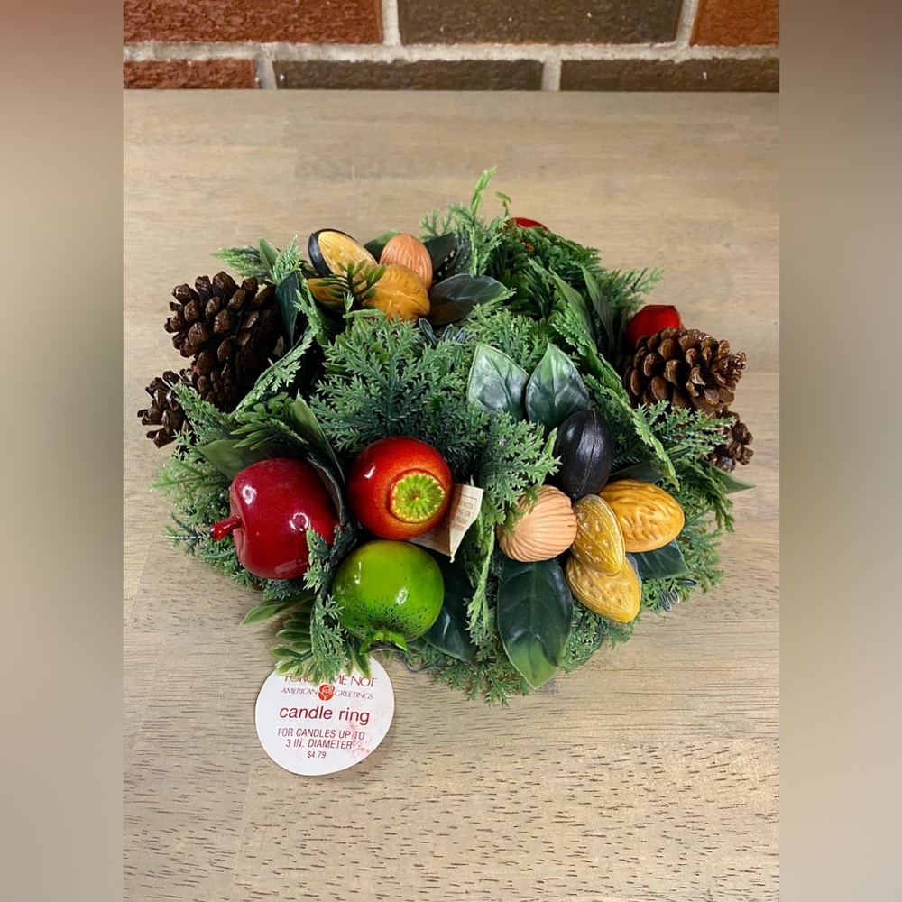 Vintage Christmas Candle Ring Plastic Green Leaves, Fruit, & Nuts 3‎ In Opening
